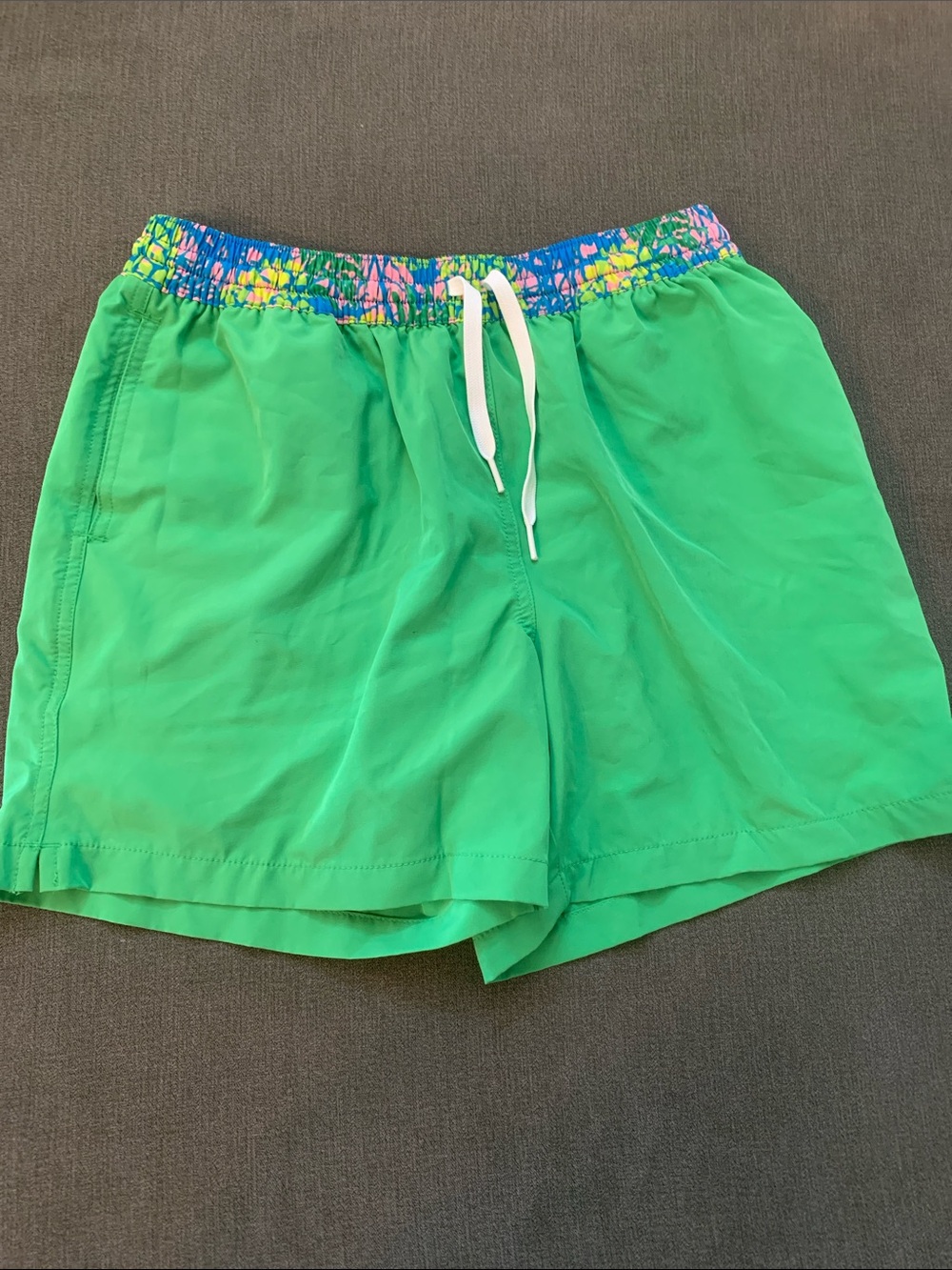 Chubbies Bright Green Swim Shorts with Blue and Pink Waistband